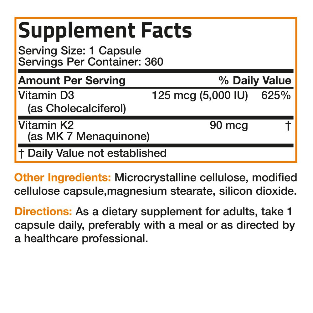 Bronson Vitamin K2 (MK7) with D3 Supplement Bone and Heart Health Non GMO & Gluten Free Formula - Easy to Swallow, 360 Capsules