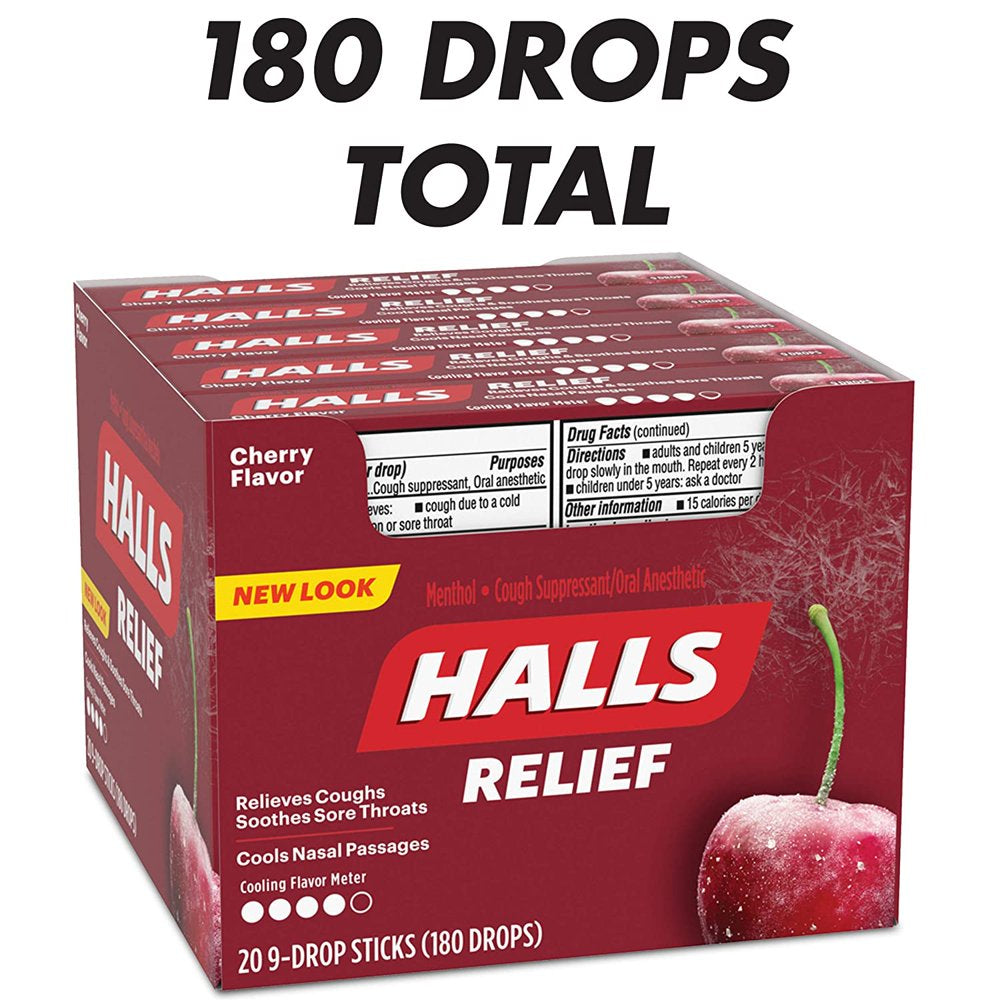 Halls Cherry Cough Drops - with Menthol - 180 Drops (20 Sticks of 9 Drops)