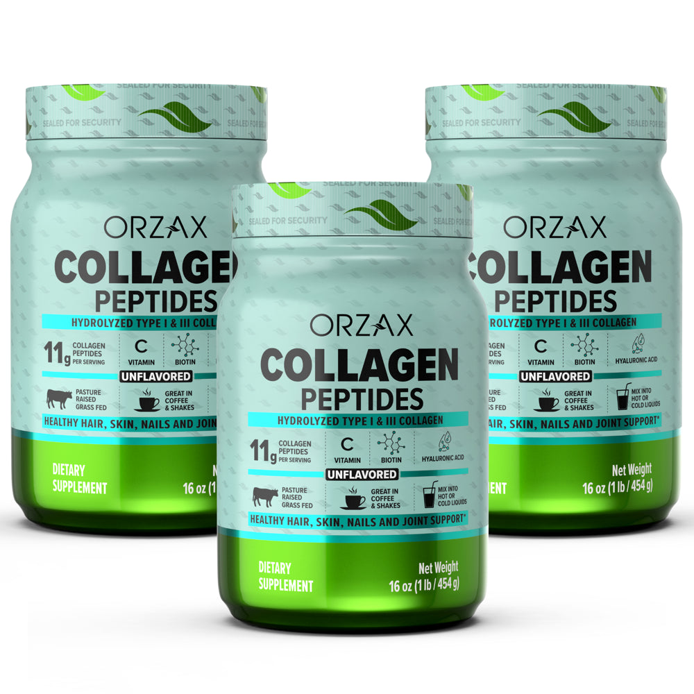 ORZAX Collagen Peptides Powder Unflavored - Hair, Skin and Nails Vitamins - Bone & Joint Support Supplement - Collagen Drink Mix - Collagen Powder for Women & Man with 3 Pack (16Oz)