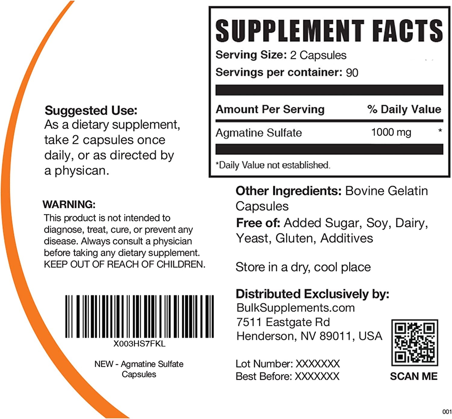 BULKSUPPLEMENTS.COM Agmatine Sulfate Capsules - Supplement for Nitric Oxide Production - Gluten Free - 1000Mg per Serving - 90-Day (3-Month) Supply (180 Capsules)