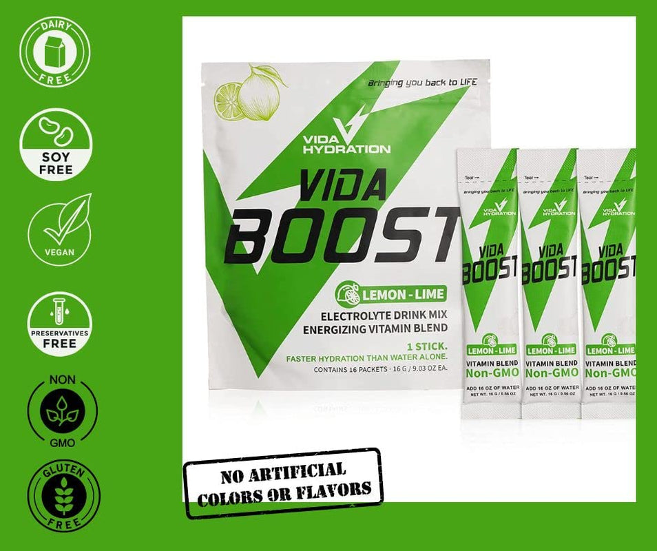 Vida Boost Vita Hydration Powder - Lemon Lime - Powder Packets | Electrolyte Drink Mix | Endurance | Energy | Recovery | Easy Open Single-Serving | Non-Gmo | 16 Sticks