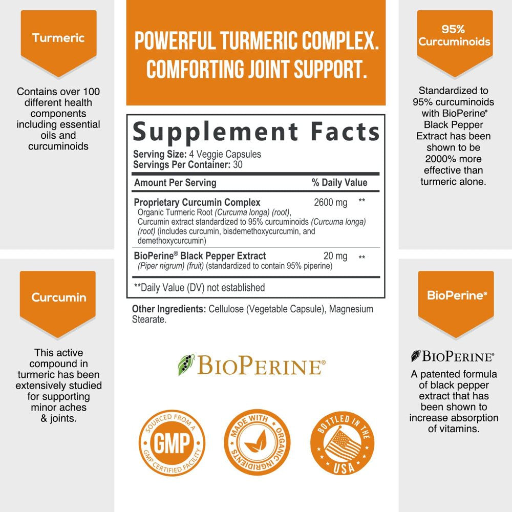 Turmeric Curcumin with Bioperine 95% Standardized Curcuminoids 2600Mg - Black Pepper for Max Absorption, Herbal Joint Support Supplement, Nature'S Non-Gmo & Gluten Free Tumeric Extract - 120 Capsules