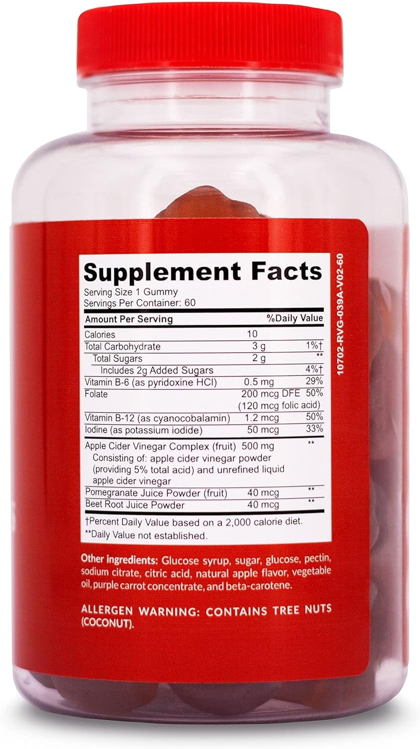 Fuelself Apple Cider Vinegar Gummy Vitamins with the Mother, 1 Pack, 60 Count :: Metabolism Management, Immunity, Detox :: Vegan, Gluten-Free, Vitamin B6, B12, Pomegranate, Beet Root