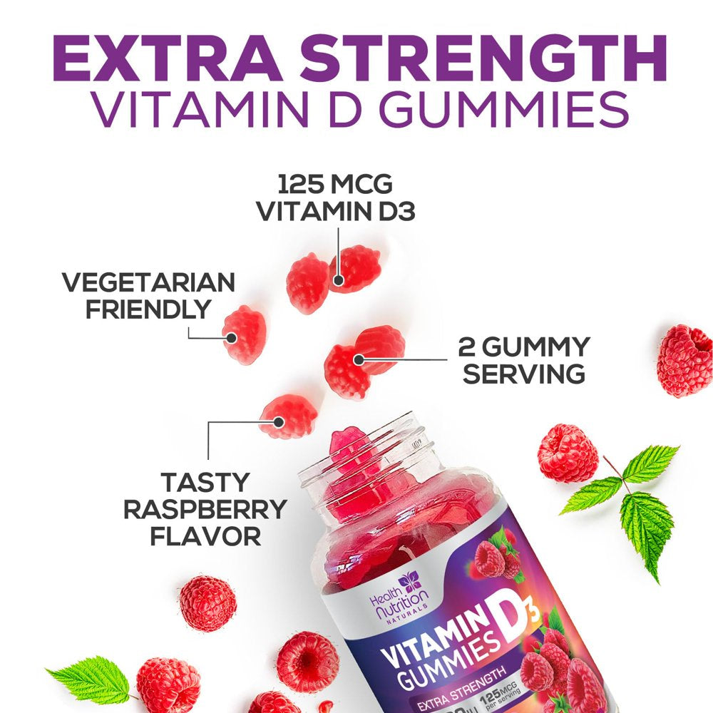 Vitamin D3 Gummies 5000 IU (125 Mcg), Bone & Immune Support Vitamin D Gummy Dietary Supplement for Teeth & Muscle Support, Nature'S Berry Vitamin D Supplement, Non-Gmo - 60 Gummies