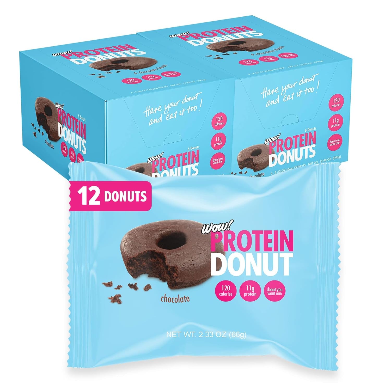 Wow! Protein Donuts, High Protein Snacks, Low Carb, Low Calorie, & Low Sugar, Healthy Snack with 11G of Protein (Chocolate, Pack of 12) (Chocolate, 12 Pack)