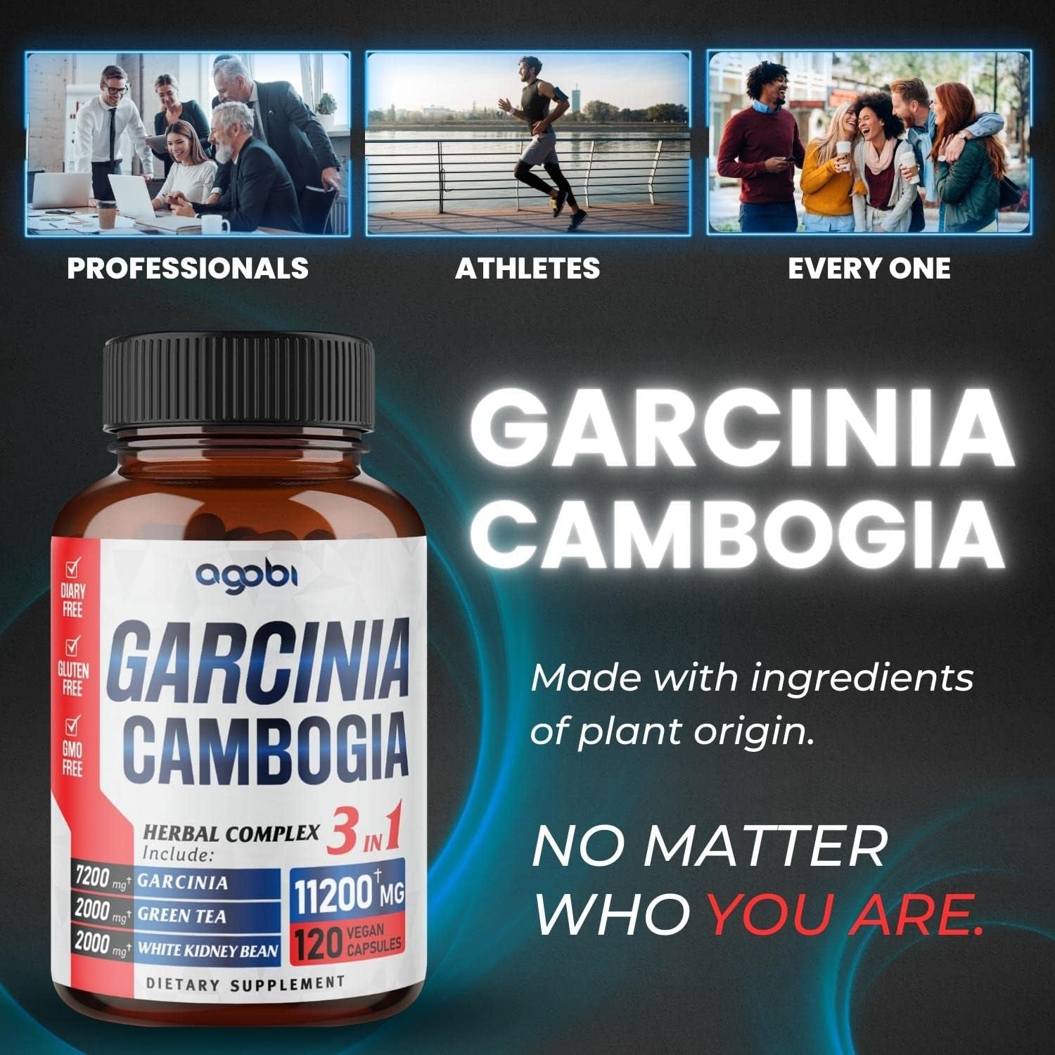 Agobi 3In1 Garcinia Cambogia Extract Capsules - 11200Mg Herbal Supplement for Body Health & Immune Support - Blended with Organic Green Tea & White Kidney Bean - 120 Vegan Capsules - 2 Month Supply