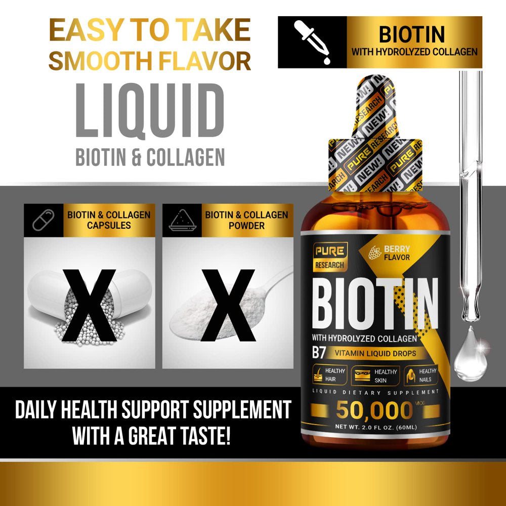 Liquid Biotin & Collagen Hair Growth Drops 50,000Mcg - Biotin and Liquid Collagen Supplements for Women & Men - Supports Glowing Skin, Healthy Hair & Nail Growth (2Fl Oz)