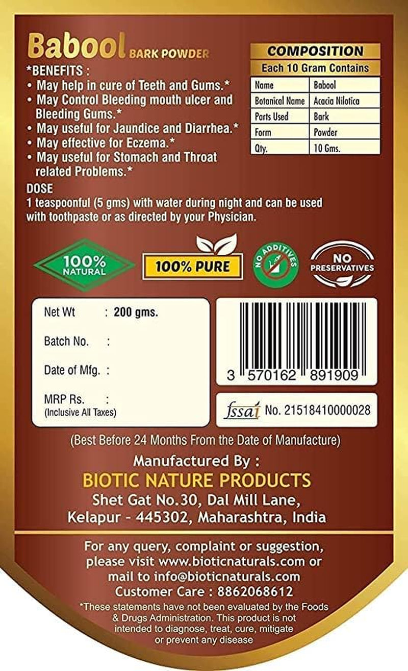 Kent Biotic Natural Babool Bark Powder | Babul Powder | Acacia Nilotica | Babool Gum Powder, 200 G