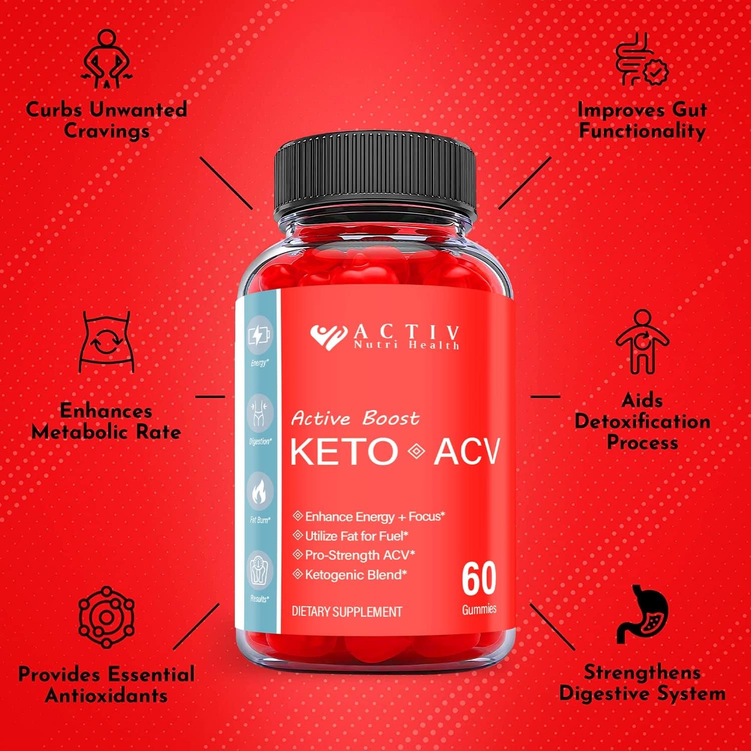 Activ Keto ACV Gummies - Vegan, Non GMO - Active Boost ACV Keto Gummies with Apple Cider Vinegar, Activ Keto Gummies with ACV for Ketosis, Advanced Formula Ketogenic (1 Pack)