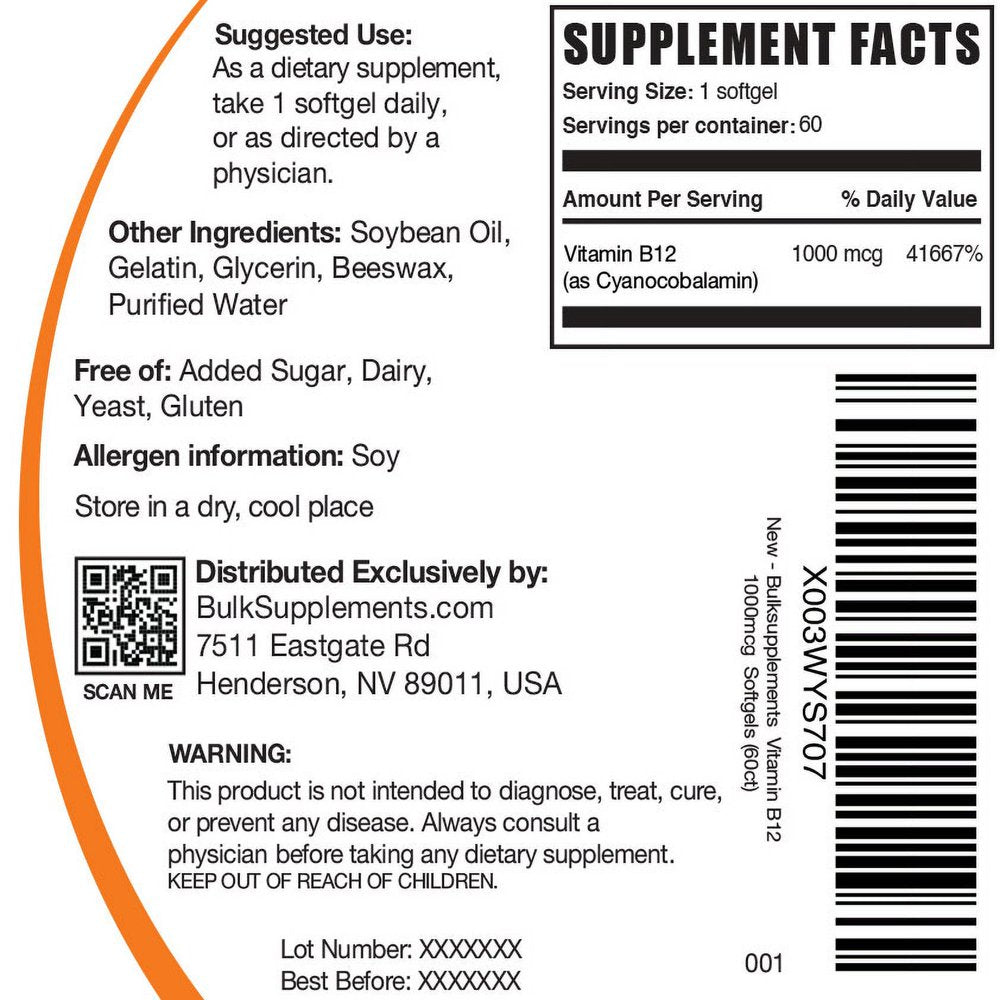 Bulksupplements.Com Vitamin B12 Softgels, 1000Mcg - Vitamin B12 Supplements (60 Softgels - 60 Servings)