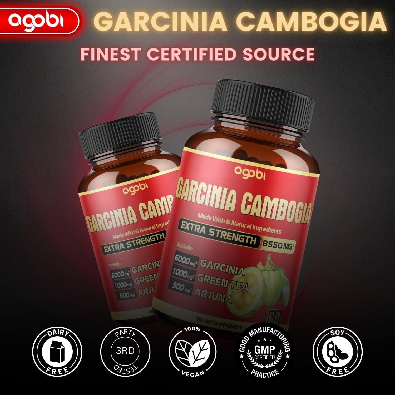 6In1 Garcinia Cambogia Extract Capsules 4 Months - 20:1 Extract 8550Mg with Organic Green Tea, Arjuna, Garlic Bulb, Turmeric & Black Pepper - Balace Body, Mood & Immune Support - 2 Packs 60 Counts