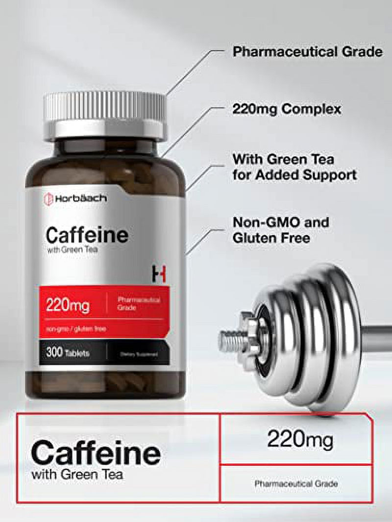 Caffeine Pills 200Mg | with Green Tea | 300 Tablets | Vegetarian, Non-Gmo & Gluten Free | by Horbaach