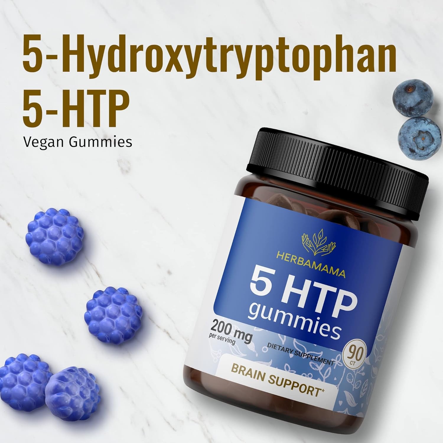 HERBAMAMA 5 HTP Gummies - Calm and Relaxation Support - Melatonin Mood Support and Serotonin Booster - Made with Calcium, 90 Vegan Blueberry Flavor Chews - 5-HTP 200Mg