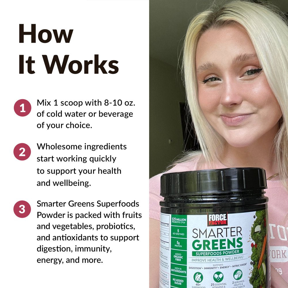 Smarter Greens Superfoods Powder, Greens Powder with Probiotics, Digestive Enzymes, Antioxidants, and Fiber, Superfood Powder to Support Digestion, Immunity, and Energy, Force Factor, 30 Servings