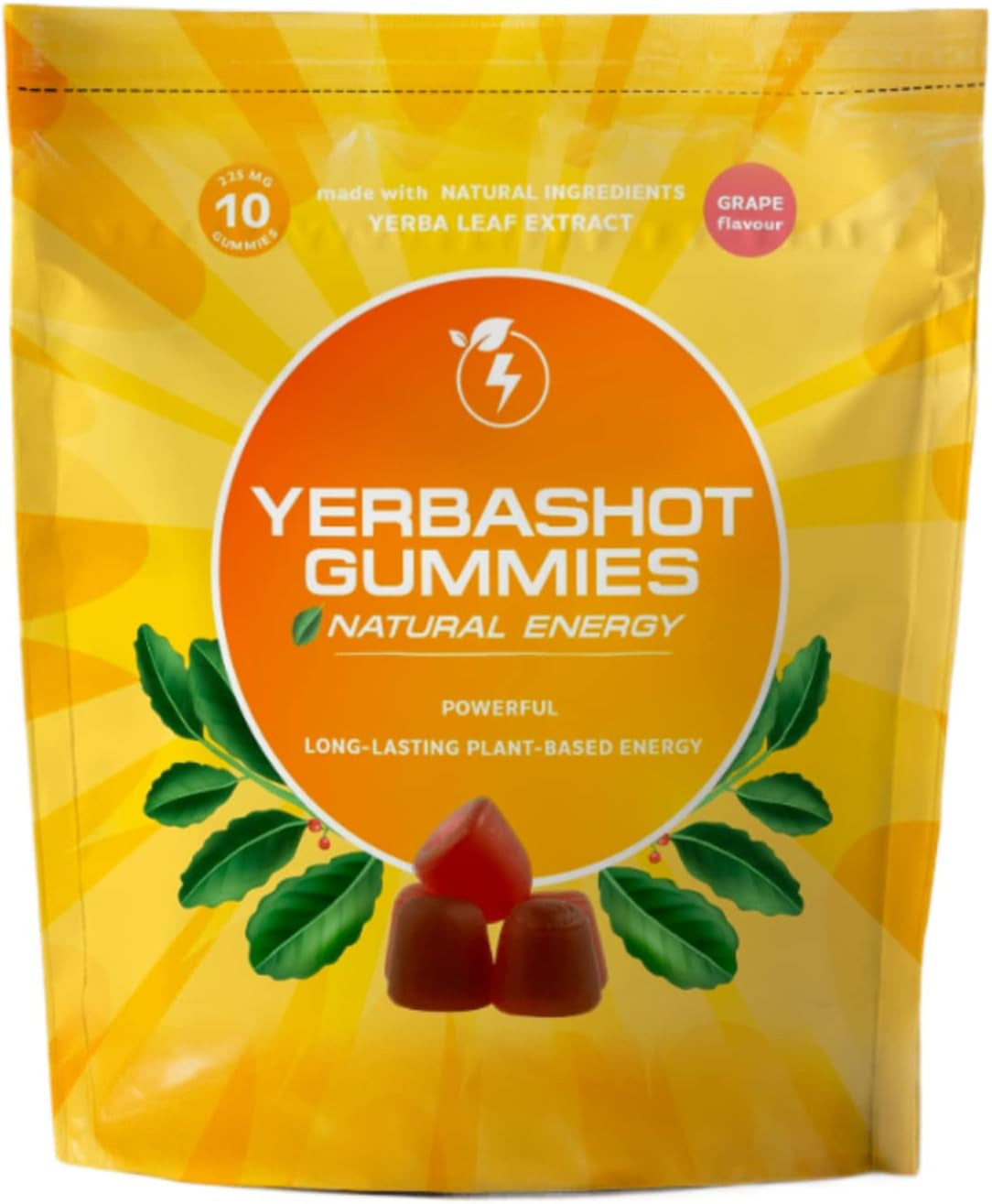 Yerbashot Energy Gummies - Natural Yerba Mate and Guarana Caffeine Chews for Instant Energy, Organic, Healthy Vegan Fast Fuel Gummies Boost. B12, B1, Taurine, Lysine. 10 Pack, Grape Flavor