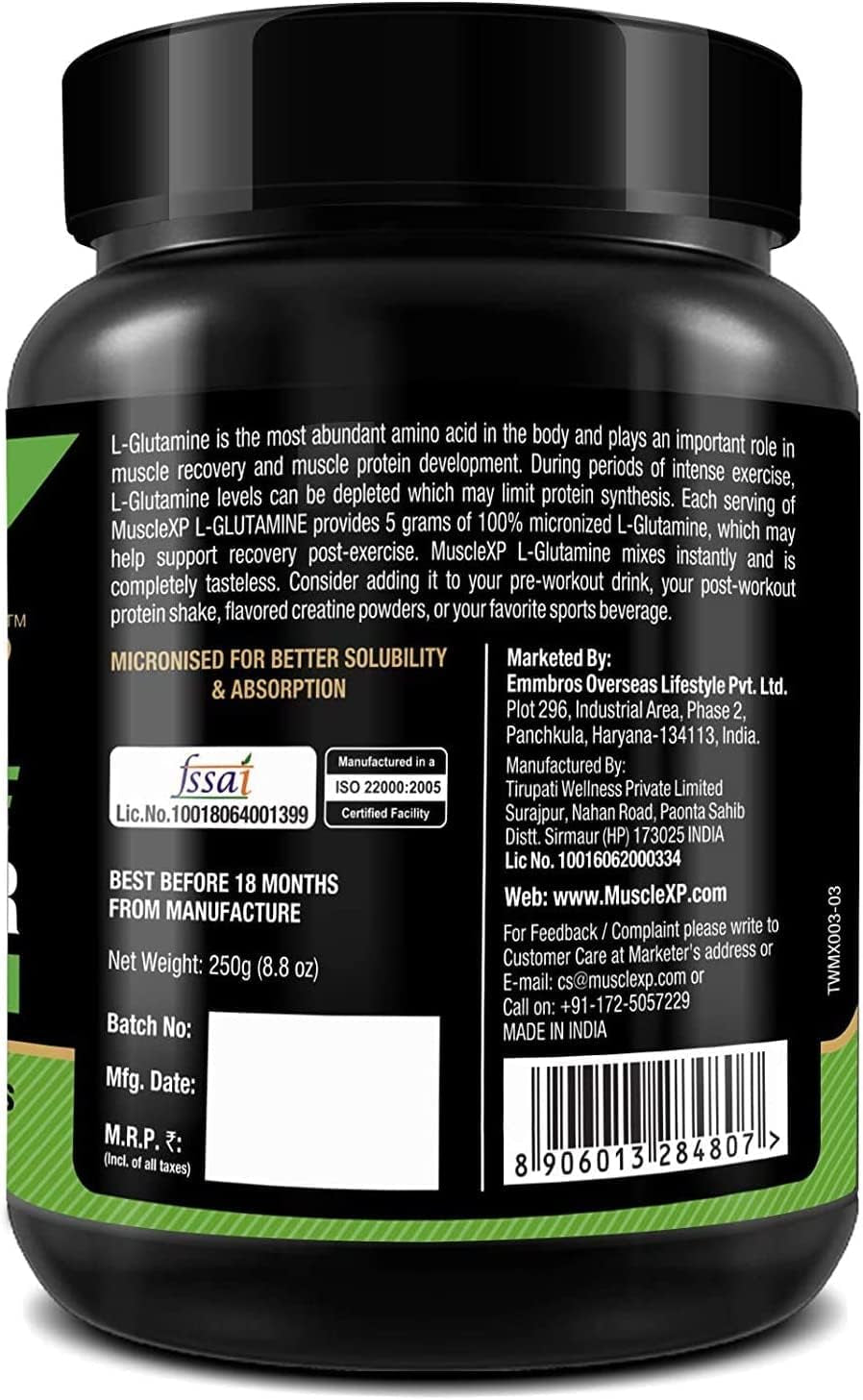 SJH Musclexp Micronized L-Glutamine Powder - 250G, Unflavored