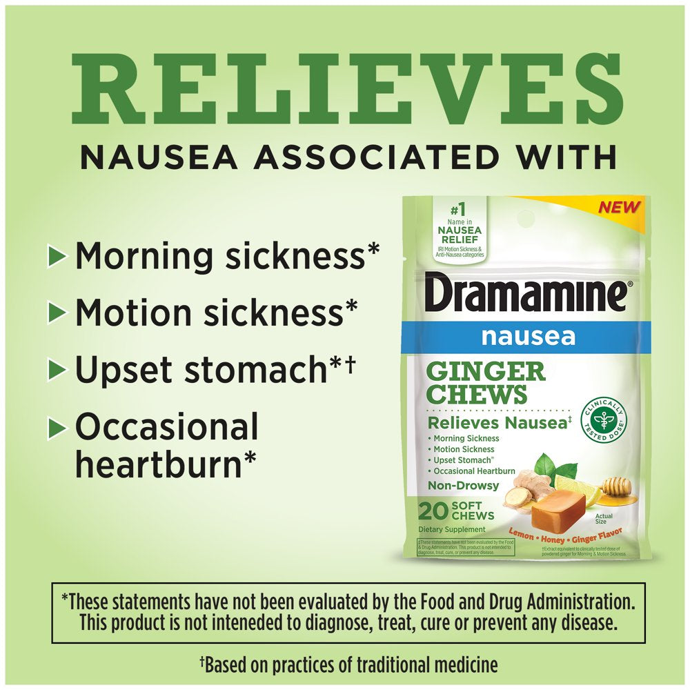 Dramamine Ginger Chews, Nausea Relief Soft Chews Lemon-Honey-Ginger, 20 Count