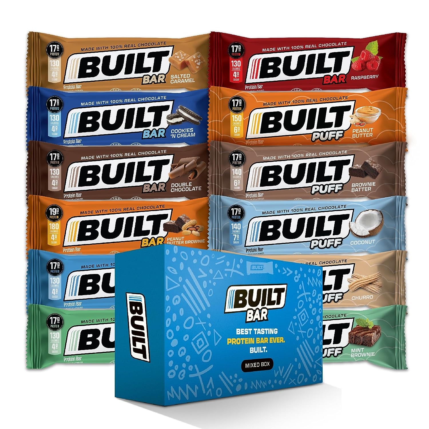 BUILT Protein Bars, Variety Pack, 12 Count, Protein Snacks with 17G of High Protein, Collagen, Chocolate Protein Bar, Only 4-6G in Sugars, Perfect Breakfast Bar, on the Go Protein Snack, Post Workout