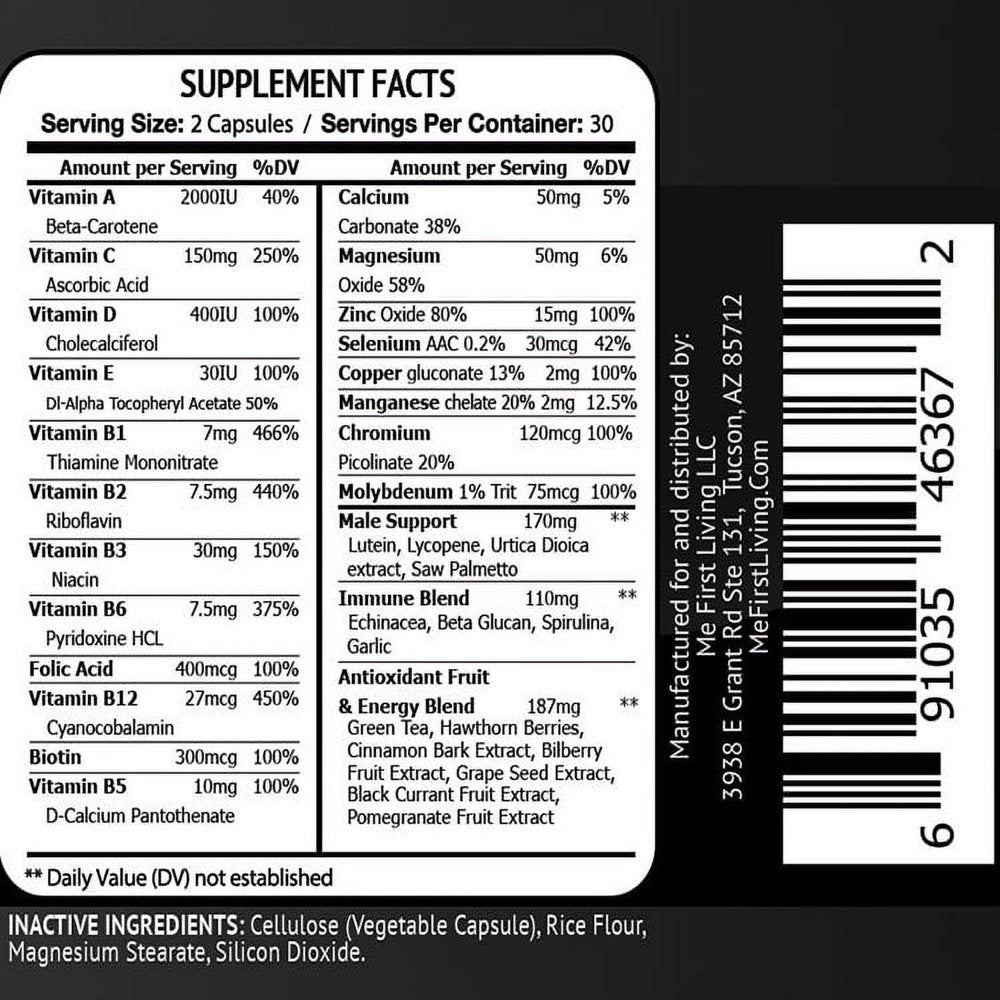 Me First Living Men'S Daily Multivitamin/Multimineral with Vitamins A, C, E, D, B1, B2, B3, B5, B6, B12, Magnesium, Biotin, Spirulina, Zinc and More - 60 Multivitamins