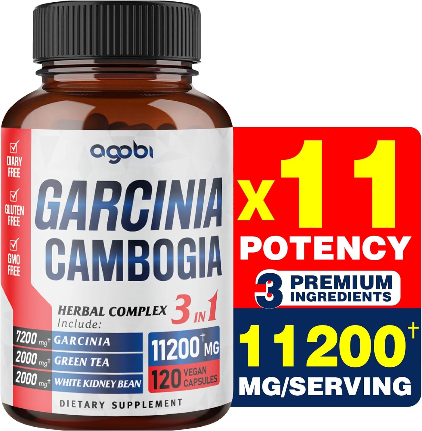 Agobi 3In1 Garcinia Cambogia Extract Capsules - 11200Mg Herbal Supplement for Body Health & Immune Support - Blended with Organic Green Tea & White Kidney Bean - 120 Vegan Capsules - 2 Month Supply