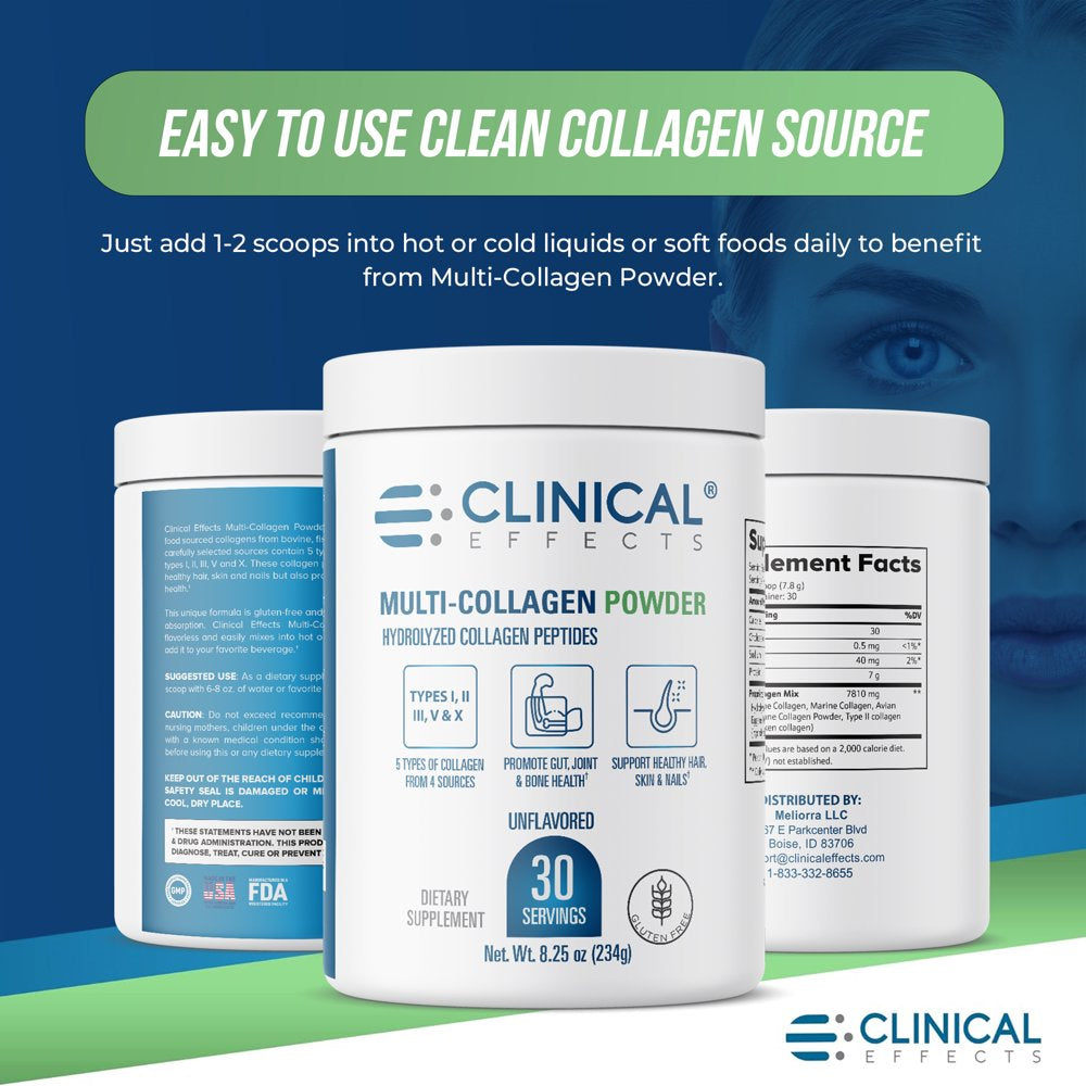 Clinical Effects Multi-Collagen Powder - Collagen Dietary Supplement - 8Oz - 30 Servings - 5 Types of Quality-Sourced Multi-Collagen to Support Joint, Bone, Skin and Nail Health - Fast Absorption