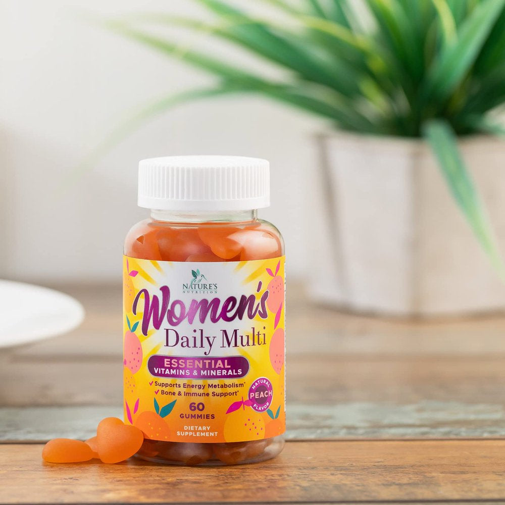 Nature'S Nutrition Womens Multivitamin Gummies - Peach Flavored Daily Vitamins for Women with Vitamins A, C, D, E, B6, B12, Biotin, Folate, Zinc, & More - Energy & Immune Health Support - 60 Gummies