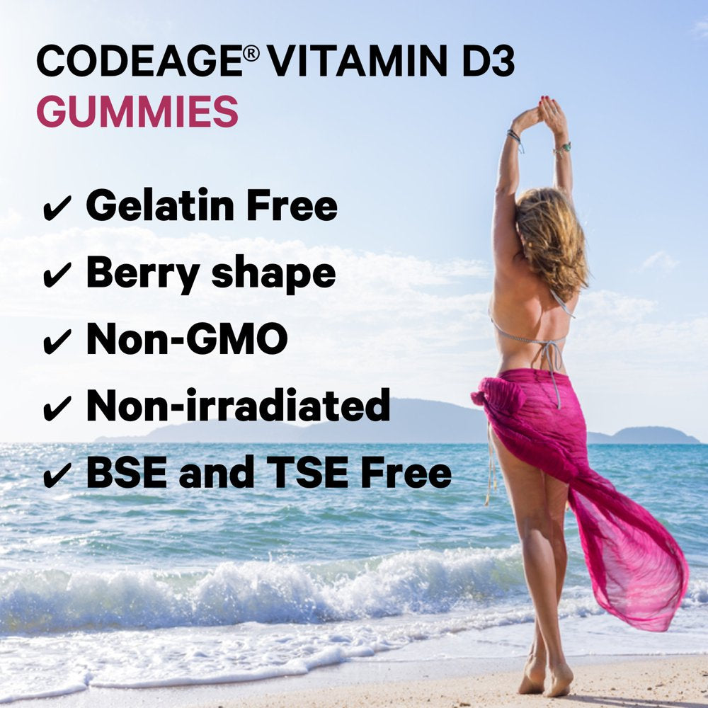 Codeage Vitamin D3 Gummies, Pectin-Based Chewable Vitamin D 5000 IU, Strawberry Flavor Vitamins Gummy, 60 Ct