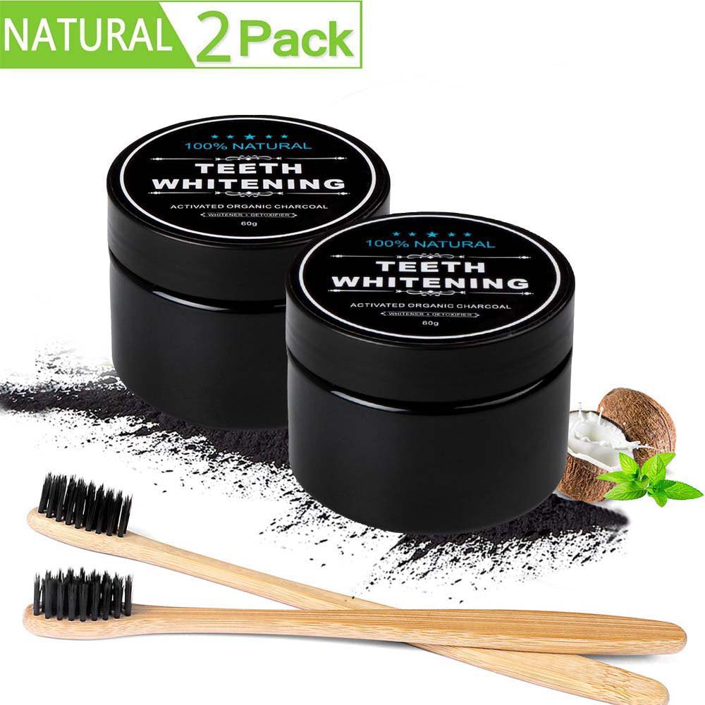 2Pcs Teeth Whitening Activated Charcoal Toothpaste Teeth Whitening Powder with Bamboo Toothbrushes, Coconut Charcoal Powder Teeth Whitener, Care for Teeth