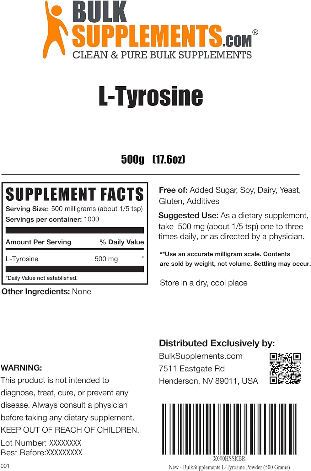 BULKSUPPLEMENTS.COM L-Tyrosine Powder 500G, with Beta Alanine Powder 500G, Taurine Powder 1KG & L-Theanine Powder 100G Bundle