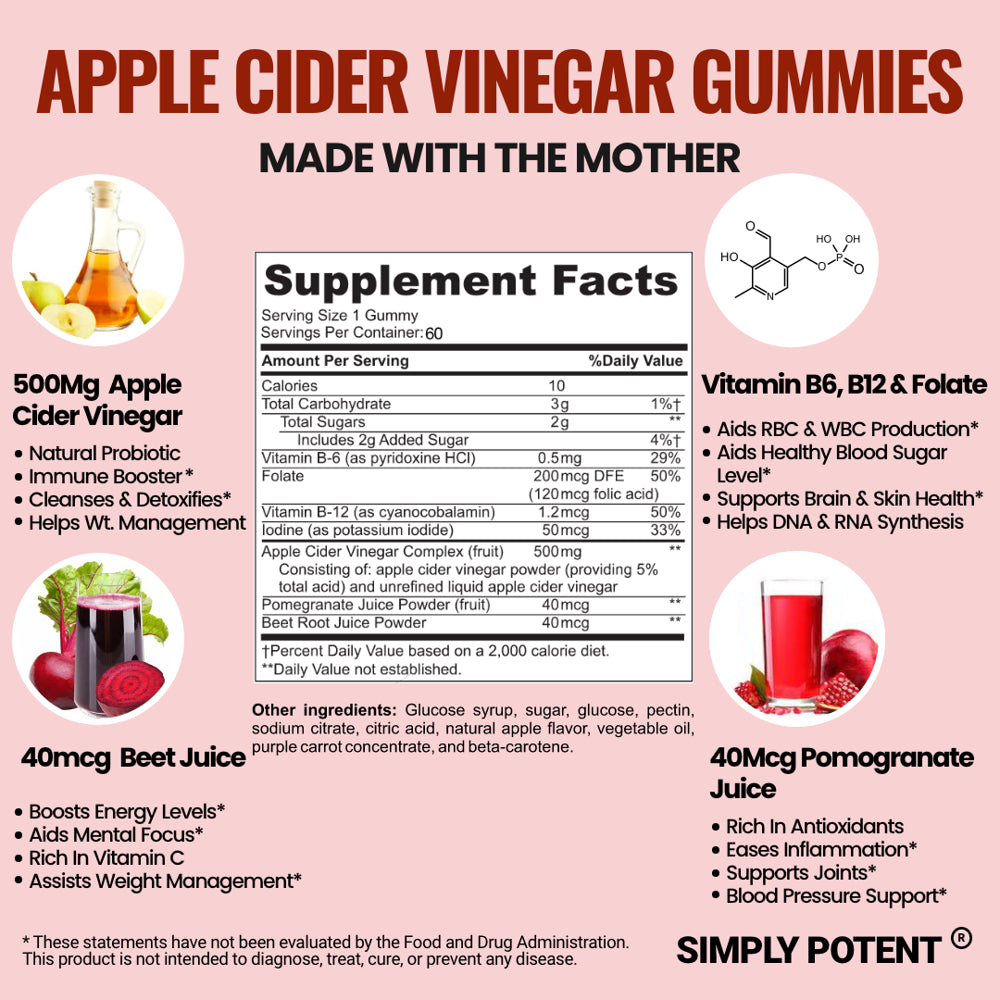 ACV Gummies with Mother for Weight Loss, Apple Cider Vinegar Gummies, 60 500Mg Pills with Pomegranate, Beet & B Vitamins for Gut Cleanse & Detox