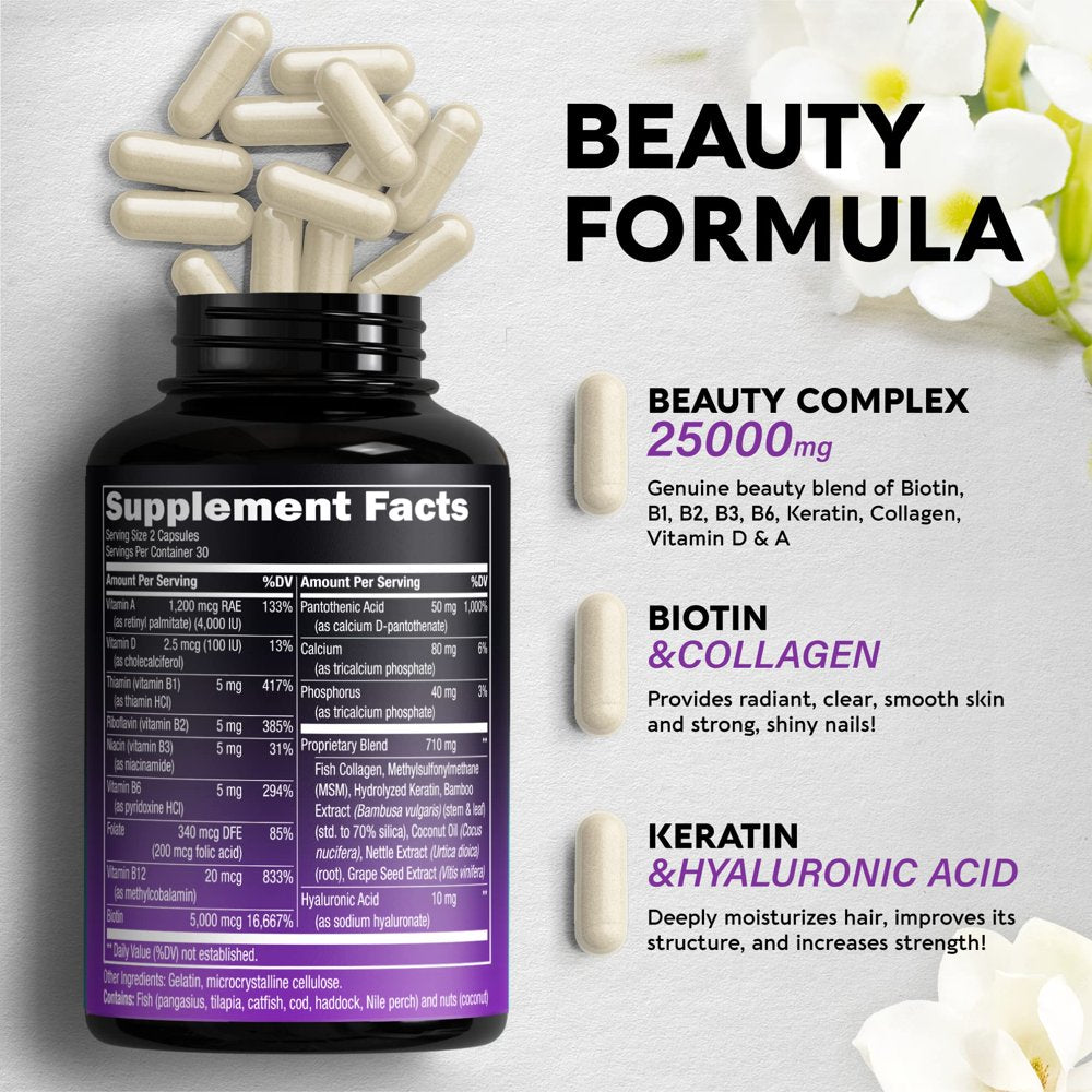 Biotin Vitamins with Collagen & Keratin - Hair Growth Supplement for Women & Men - 25000 Mcg Pills - Made in USA - B1,B2,B3,B6,B7 Complex - Healthy Nails & Skin - as Liquid, Drops, Oil - 60 Capsules