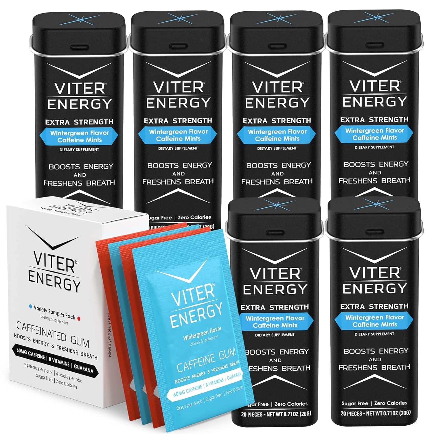 Viter Energy Extra Strength Caffeine Mints Wintergreen Flavor 6 Pack and Caffeine Gum Variety Flavor Sampler Pack Bundle - Caffeine, B Vitamins, Sugar Free, Vegan, Powerful Energy & Focus Booster