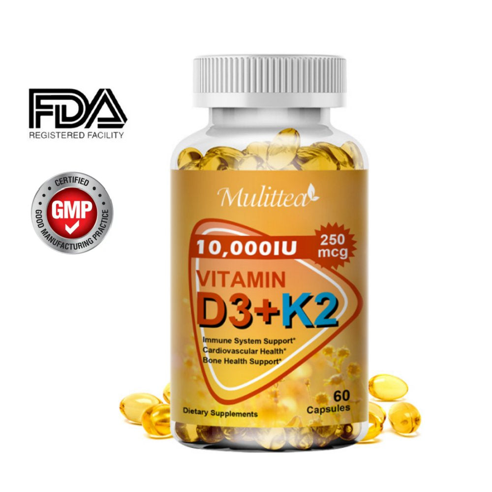 Mulittea Vitamins D3+K2 Capsules, Boosting Calcium Absorption, Supports Heart & Joint Health, Immune Support (Non GMO, Gluten Free), 60 Pcs