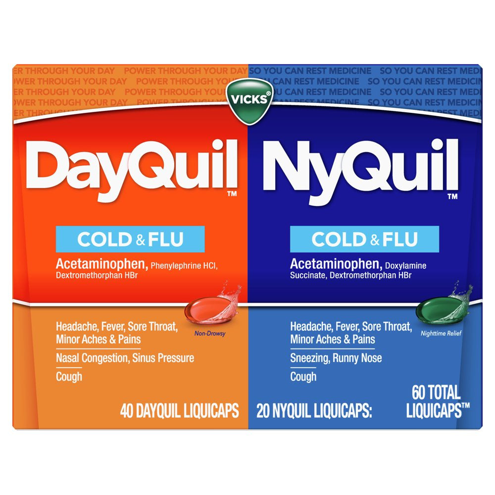 Vicks Dayquil and Nyquil Cold, Cough and Flu Liquicaps, Over-The-Counter Medicine, 60 Ct