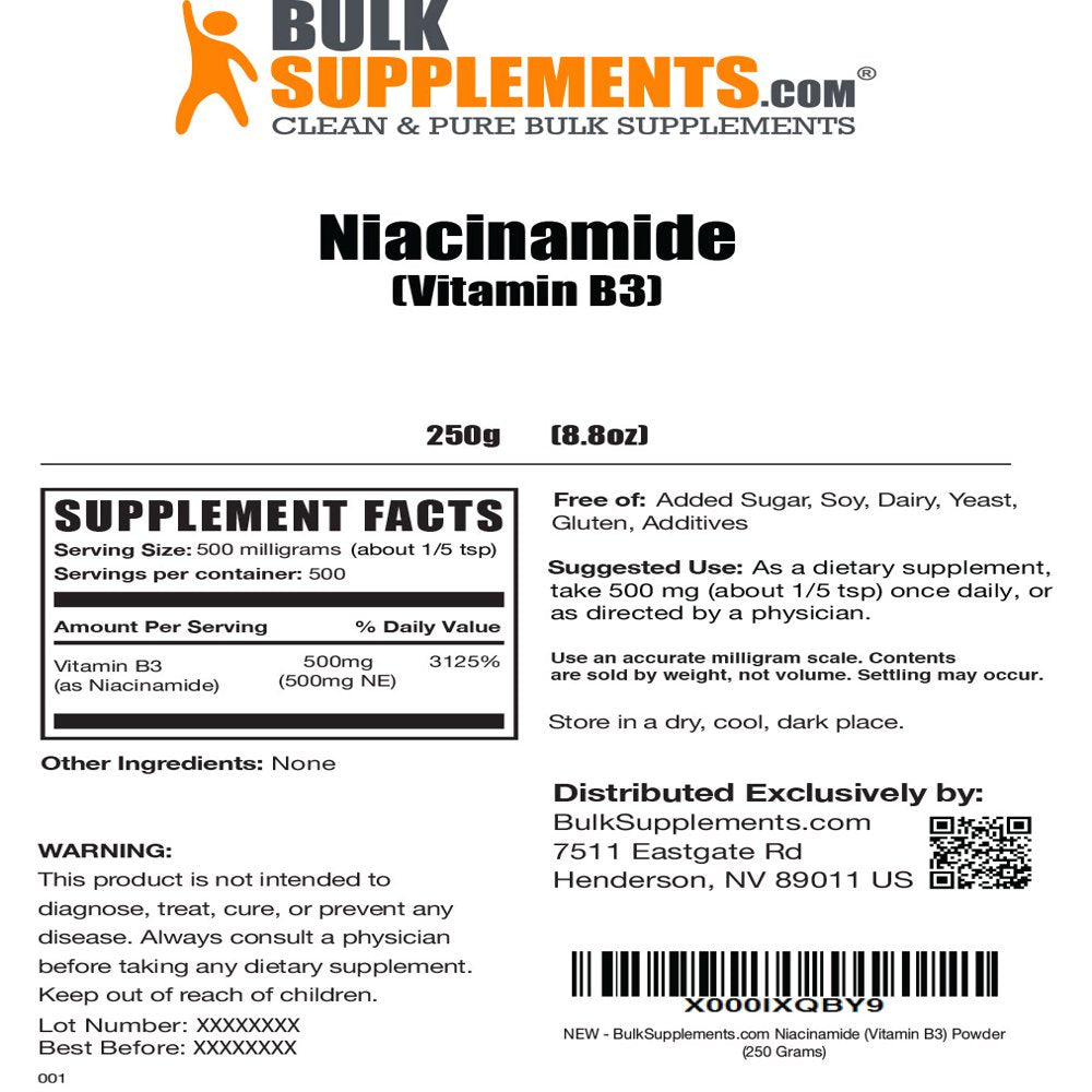 Bulksupplements.Com Niacinamide (Vitamin B3) Powder, 500Mg - Brain, Heart, & Joint Health Supplement (250G - 500 Serv)