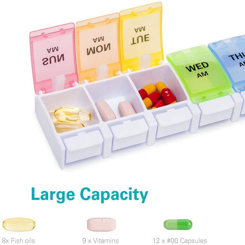 Sukuos 7 Day Weekly Pill Organizer with 2 Times a Day Compartment - AM PM, Pill Holder, Daily Pill Box Planner for Pills, Vitamins, Fish Oil, Supplements, Large with Moisture Proof, Rainbow