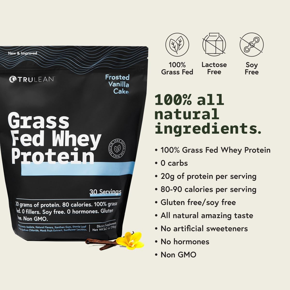 TRULEAN Grass Fed Whey Protein Powder Isolate - 20G of All Naturally Flavored Protein Powder, No Artificial Sweeteners, Gluten Free, Non GMO, Frosted Vanilla Cake 24.7Oz (1Pk, 30 Servings)