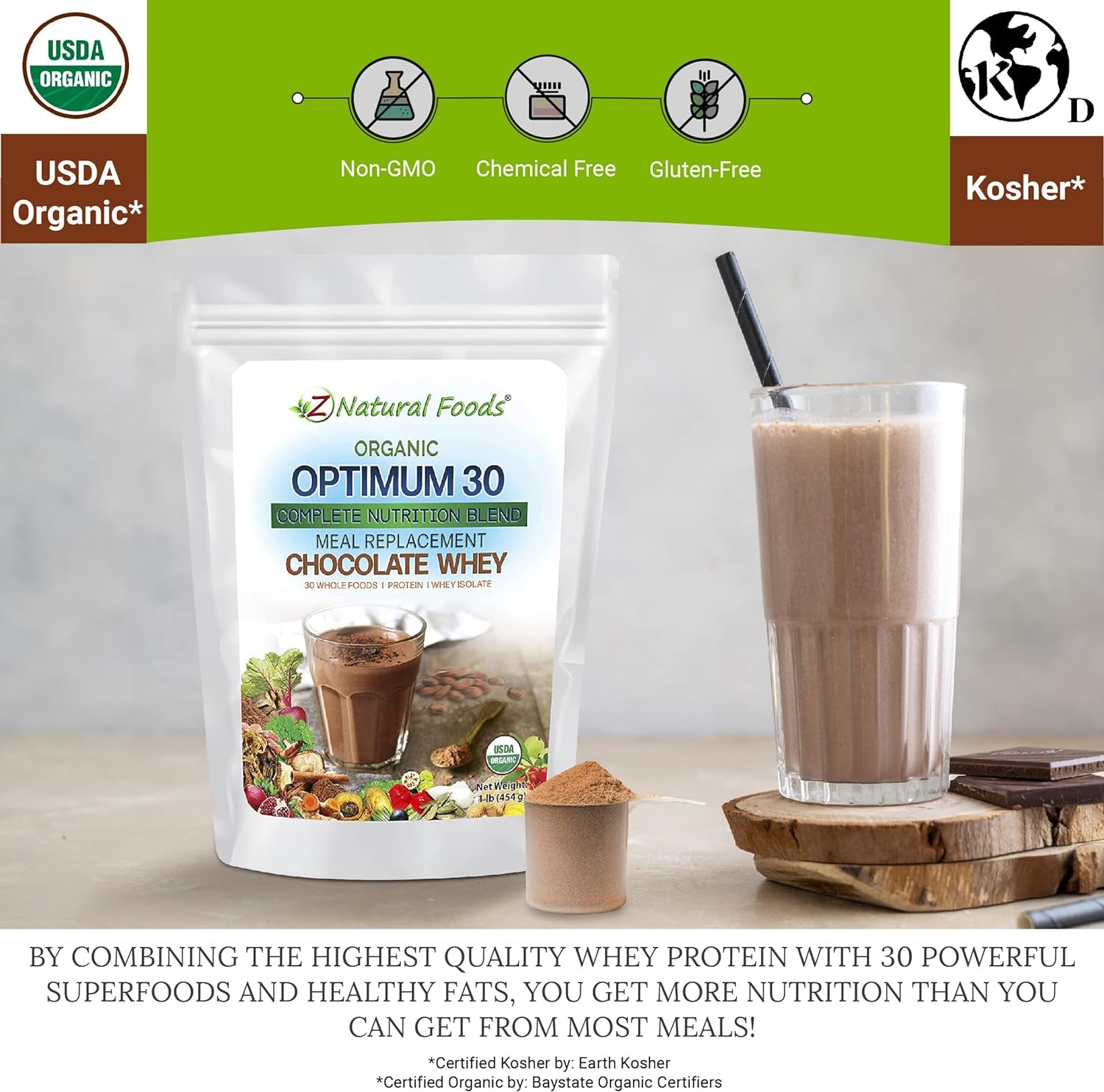 Z Natural Foods Optimum 30 Organic Chocolate Whey Meal Replacement Powder