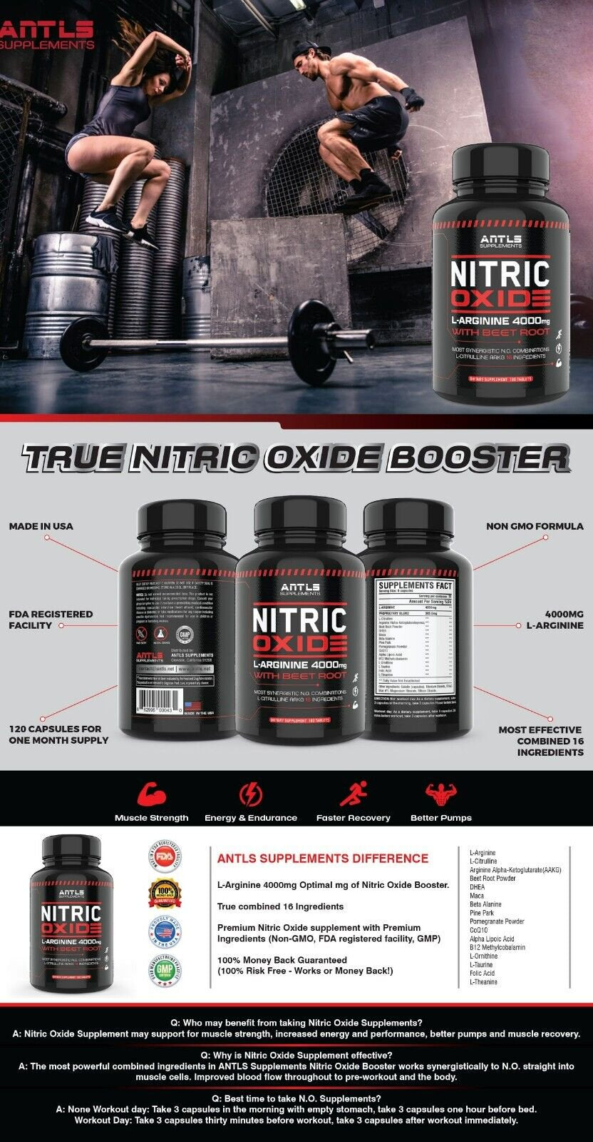 Nitric Oxide L-Arginine Pre Workout+Testosterone Booster,Multivitamin Men,Test