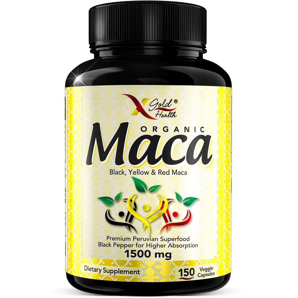 X Gold Health Organic Maca Root Powder Capsules Black, Yellow & Red Maca Pills 1500 Mg, 150 Count