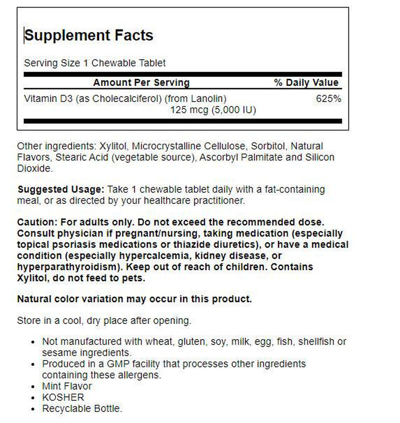 NOW Supplements, Vitamin D-3 5,000 IU, Natural Mint Flavor, Structural Support*, 120 Chewables