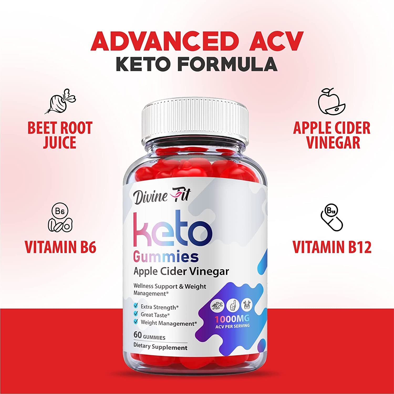 Divine Fit Keto Gummies - Official Formula, Vegan - Divine Fit Keto ACV Gummies, Divine Fit Gummies with Apple Cider Vinegar, Vitamin B12, B6, Beet Root, Weight Apple Loss Cider Gummy (60 Gummies)