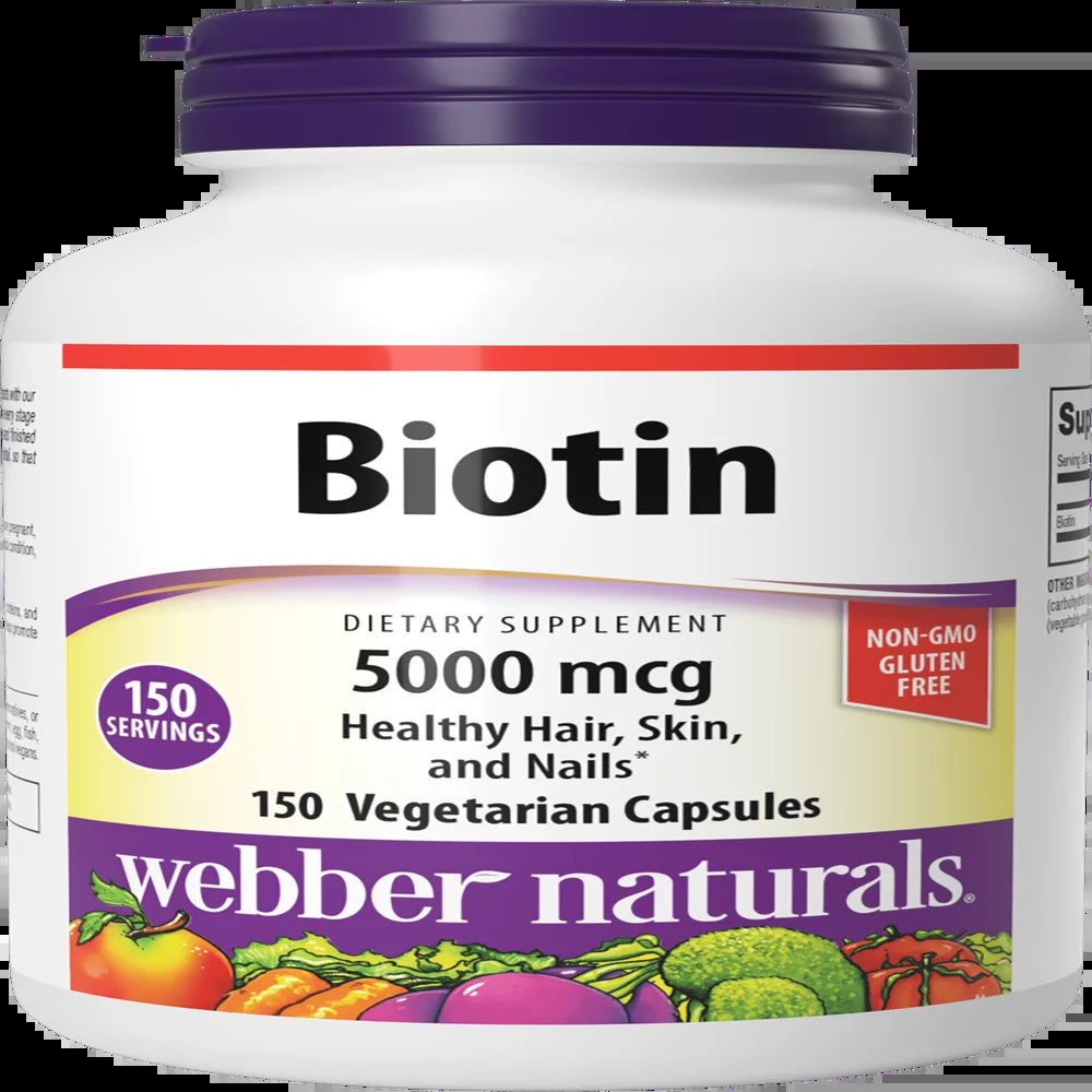 Webber Naturals Biotin 5,000 Mcg, 150 Capsules, Supports Healthy Hair, Skin & Nails, Energy Metabolism, Vitamin Supplement, Gluten Free, Non-Gmo, Suitable for Vegetarians and Vegans