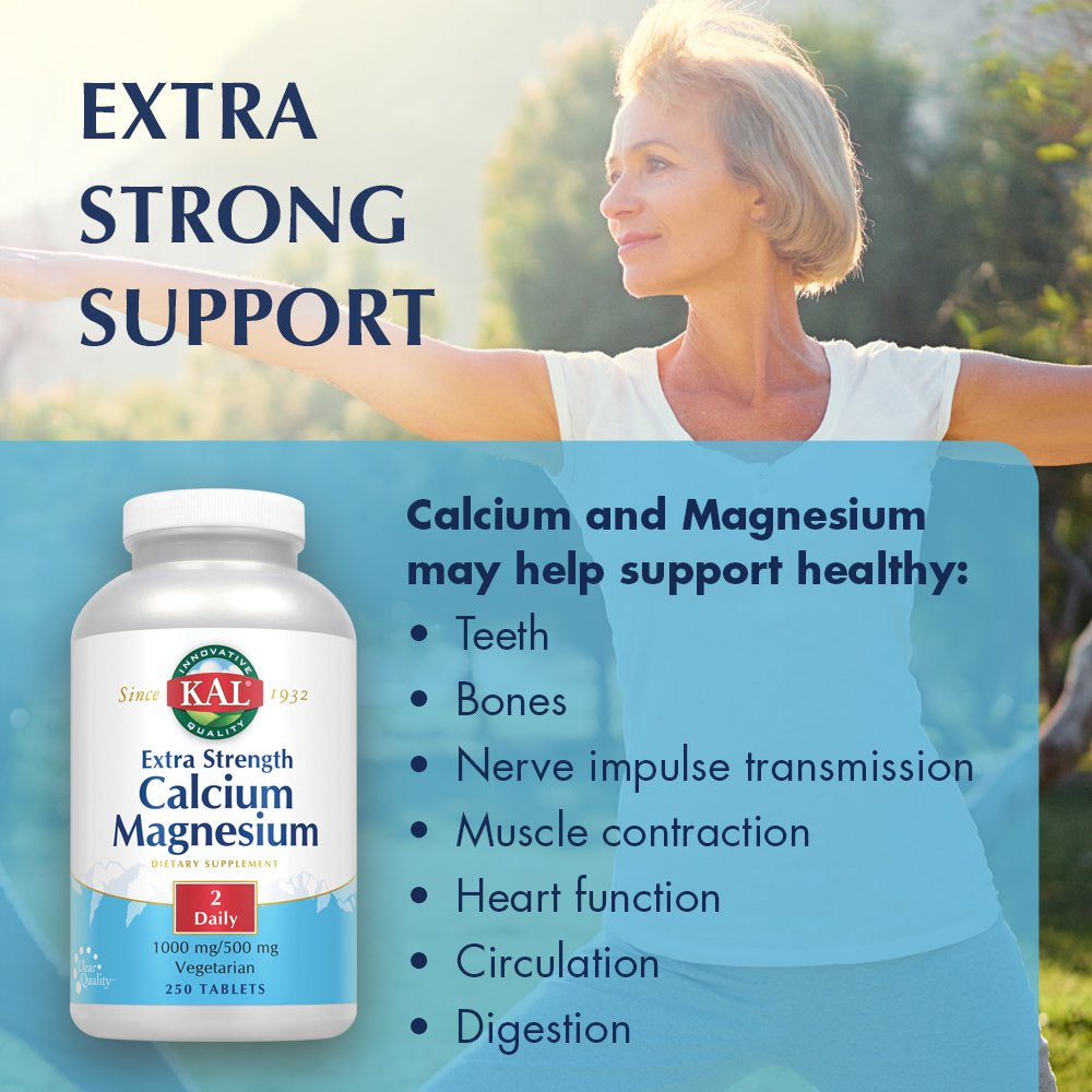 KAL Extra Strength Calcium Magnesium | 1000Mg/500Mg | Healthy Bones, Teeth, Nerve & Muscle Support | Rapid Disintegration | Vegetarian | 250 Tablets