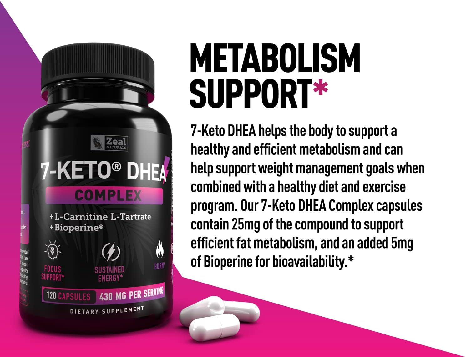 Zeal Naturals 7-Keto DHEA Complex with L-Carnitine & L-Tartrate | + Bioperine | Energy & Focus Support, Burn | 430Mg per Serving | 4-Month Supply