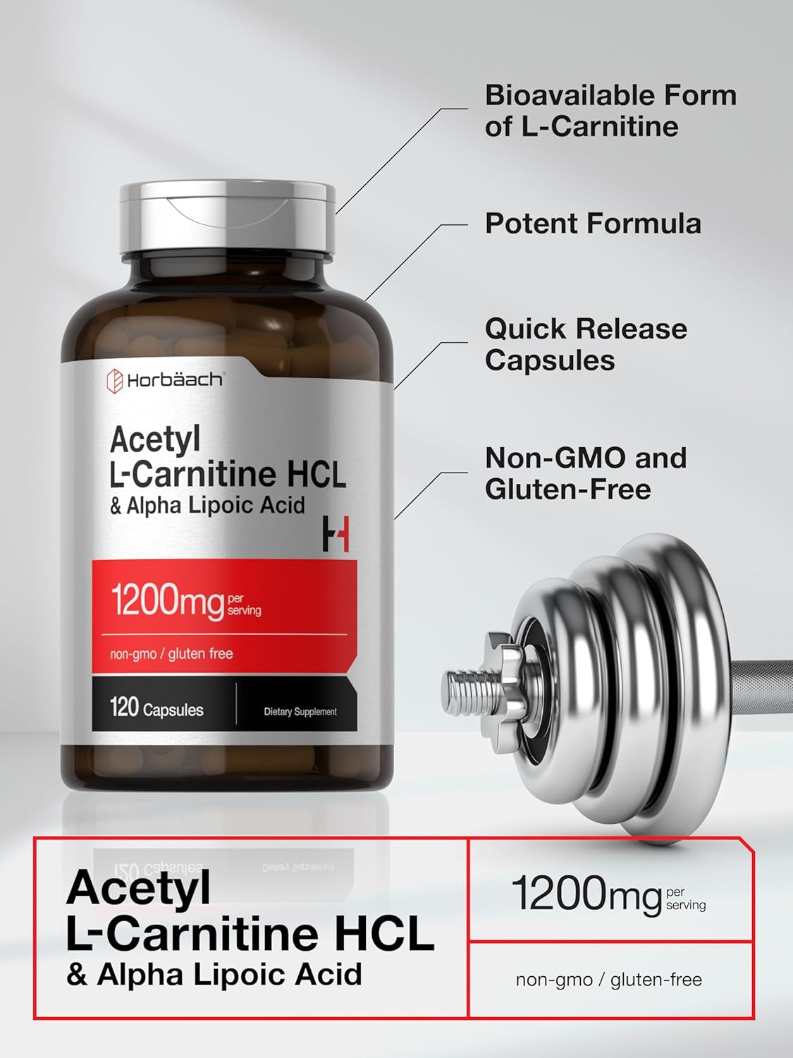 Acetyl L Carnitine HCL & Alpha Lipoic Acid 1200Mg | 120 Capsules | ALC ALA Complex | Non-Gmo & Gluten Free Supplement | by Horbaach