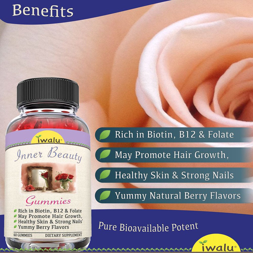 Hair Skin & Nails Multivitamin Biotin Gummies - B12, D3, B Complex, Folic Acid, Zinc, Faster Hair Growth Gummy Vitamins for Women Men Adults, D, B6, B 12, 50, Vegan, Natural Berry Flavors, Iwalu 60Ct