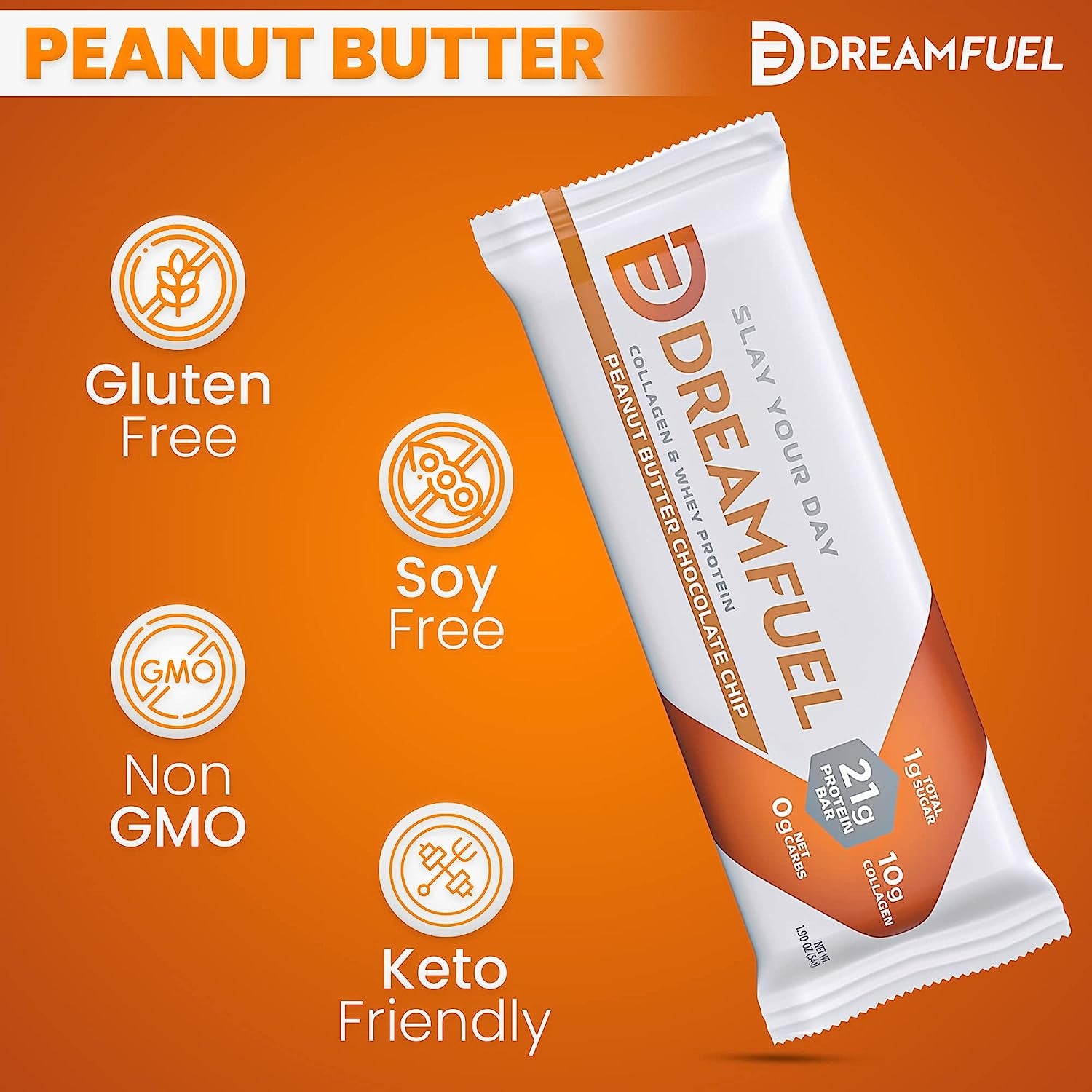 DREAM FUEL High Protein Bar, Peanut Butter Chocolate Chip, 21G Protein, 10G Collagen, 0G Net Carbs, Low Sugar, Low Carb, Low Calorie, No Sugar Alcohols, No Added Sugar, Gluten Free, Keto Friendly, Non-Gmo, 12 Pack