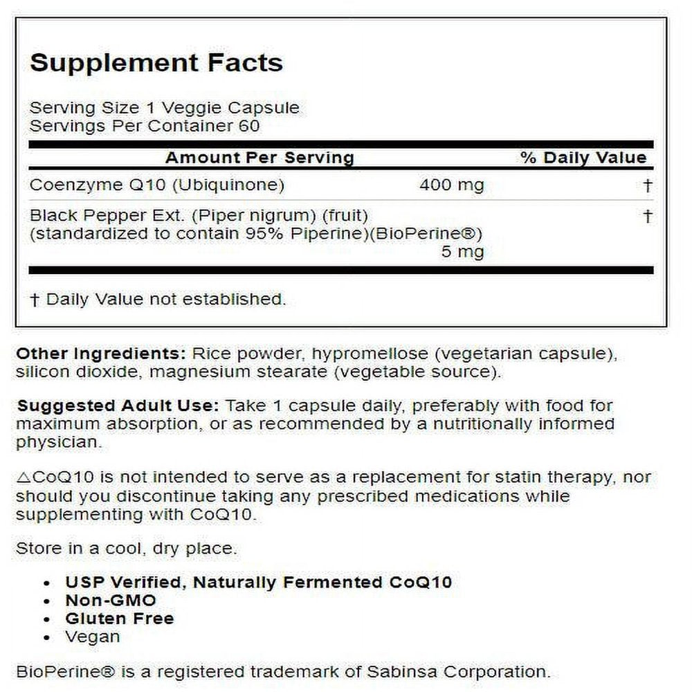 Doctor'S Best High Absorption Coq10 with Bioperine, Non-Gmo, Vegan, Gluten Free, Naturally Fermented, Heart Health and Energy Production, 400 Mg 60 Veggie Caps