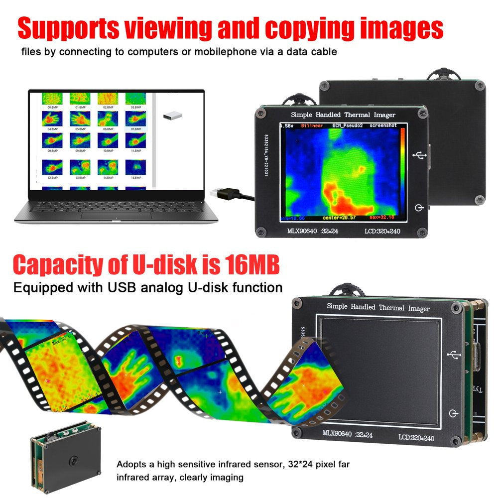 24 * 32 Pixel Infrared Sensor Simple Handheld Thermal Imager Portable 2.0Inch LCD Display 240*320 Resolution Clear Definition Imaging Camera -40℃ to 300℃ Temperature Measurement Instrument